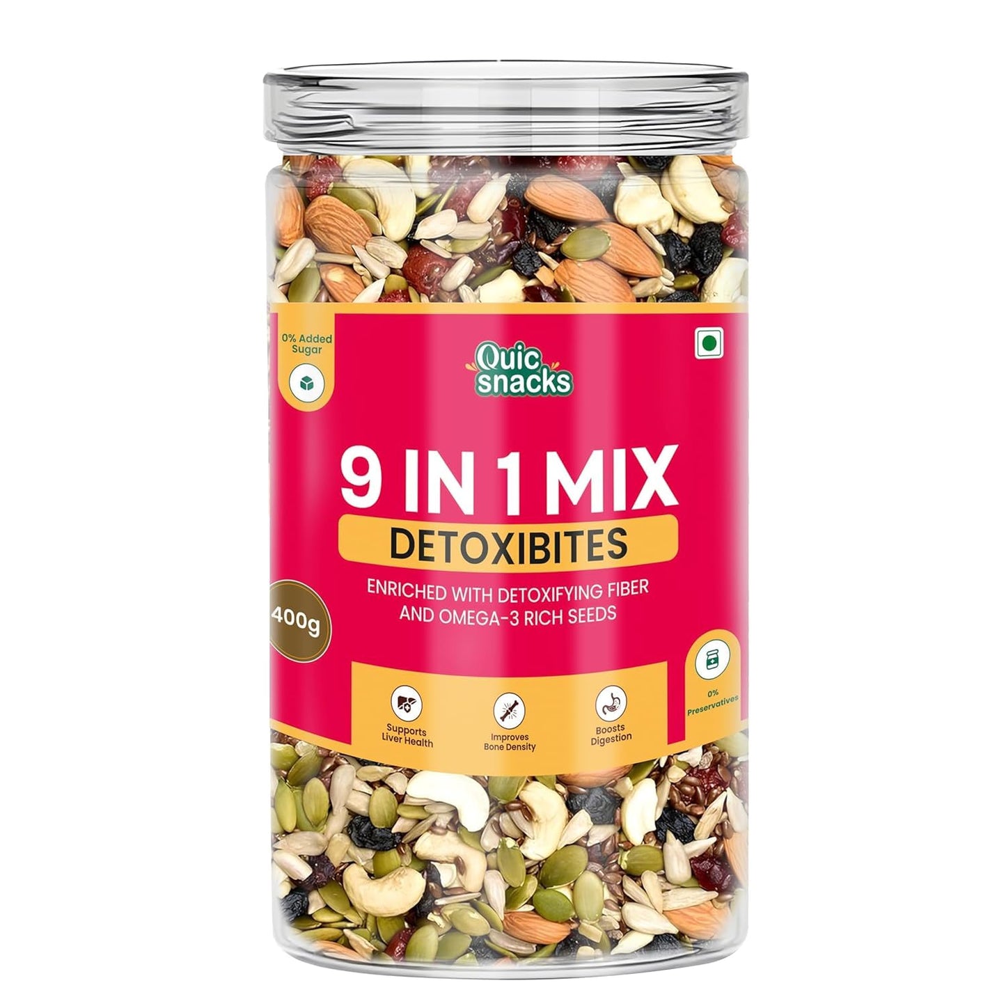 QuicSnacks 9 in 1 Mix Detoxibites Seeds | Nuts and Seed Mixes | Mixed Dry Fruits for Eating | Crunchy and Flavorful Snack | Trail Mix | Rich in Omega-3 | Improve Heart Health and Circulation (9 in 1 Mix Detoxibites)
