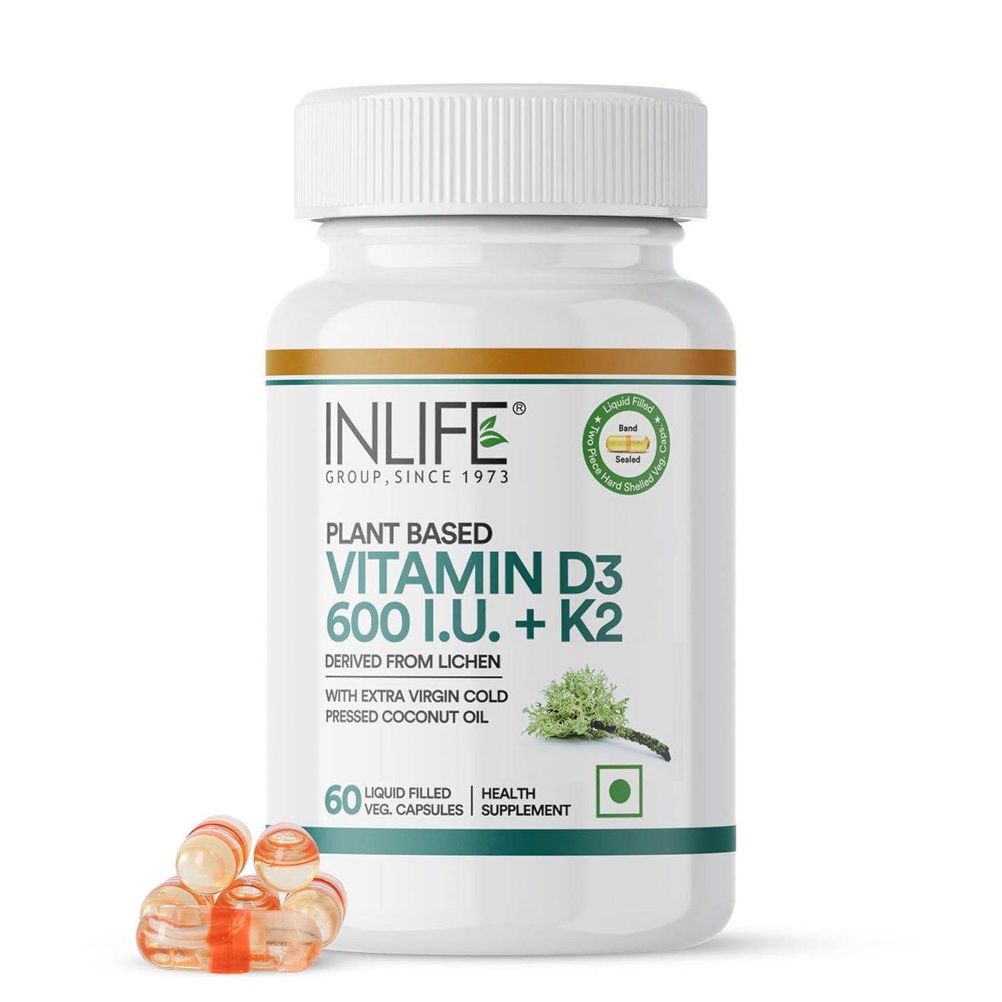 INLIFE Plant Based Vitamin D3 K2 Supplement from Lichen Source with Extra Virgin Cold Pressed Coconut Oil for Bone Health & Immune Support, 600 IU - 60 Vegetarian Capsules (Pack of 1)