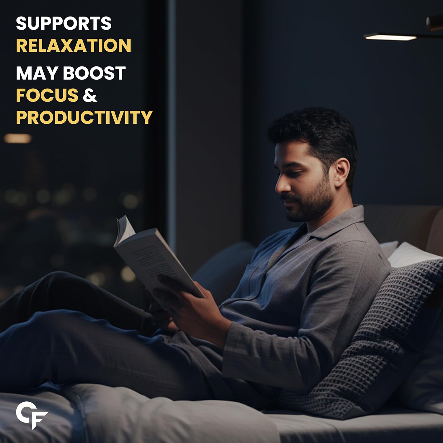 Man reading a book on a couch with text about relaxation and productivity.