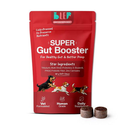 BLEP Super Gut Booster - Dog Probiotic Soft Chew Supplement, Gut Health, Loose Stool, Gas, Diarrhea & Itchy Skin | Pre, Pro & Postbiotics + Digestive Enzymes | 9 Probiotic Strains, 5B CFU | 60g