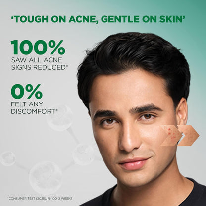 Advertisement for a skincare product showing a man with acne and text about its effectiveness.
