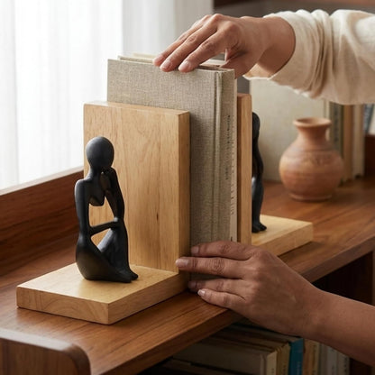 eCraftIndia Wooden Book End with Resin Thinker Statues Showpiece for Home Decor Office Table | Gift for Housewarming Birthday