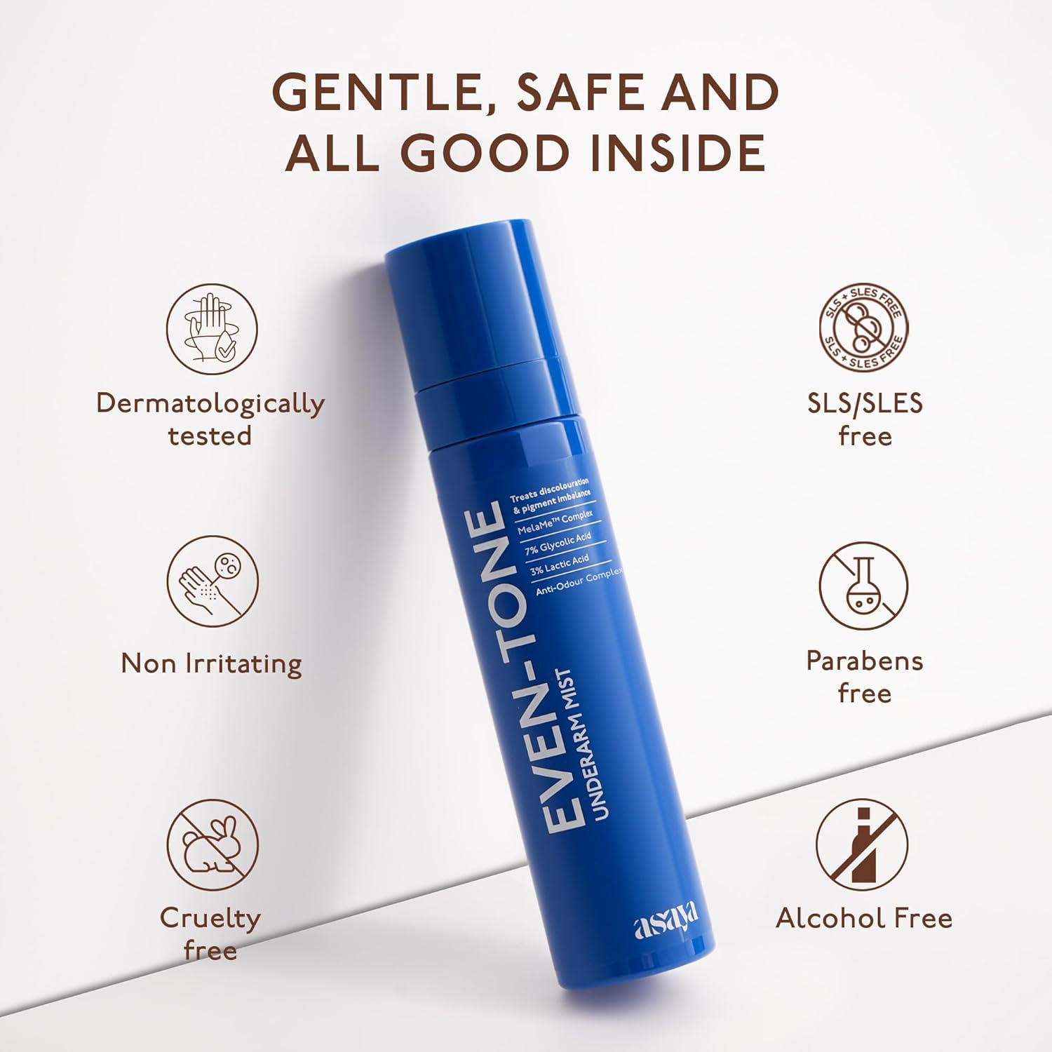Blue bottle of Even-Tone Underarm Mist with certification icons on a white background