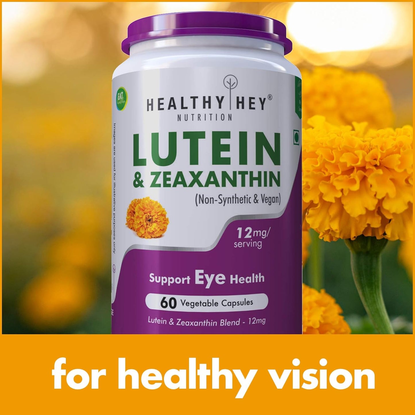 Supplement container labeled 'Healthy Hey Nutrition Lutein & Zeaxanthin' with yellow flowers in the background.