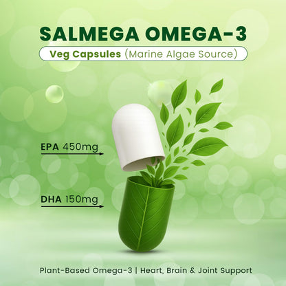 The Old Natural Salmega Veg Omega 3 Algal Oil Capsules – 1600mg Marine Algae Omega (450mg EPA & 150mg DHA) | Plant Based Omega 3 Supplement | Vegetarian DHA for Heart, Brain, Joint & Immunity Support | 60 Veg Capsules
