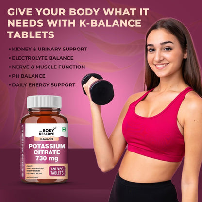 Woman holding a dumbbell next to a bottle of K-Balance tablets with a purple background