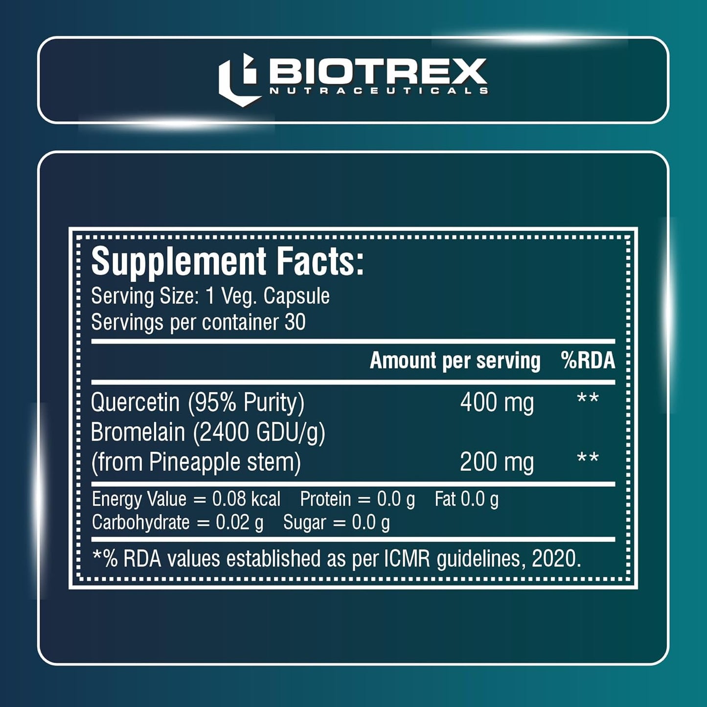 Biotrex Nutraceuticals Quercetin with Bromelain 600mg Better Respiratory Health | Antioxidant | Fights Allergies | Immunity & Cardiovascular Health - 30 Veg Capsules