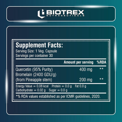 Biotrex Nutraceuticals Quercetin with Bromelain 600mg Better Respiratory Health | Antioxidant | Fights Allergies | Immunity & Cardiovascular Health - 30 Veg Capsules