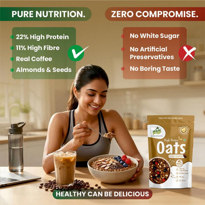 Health Ninja High Protein Cold Coffee Oats | Cold Coffee Oats | 22% Protein, 11% Fibre | No White Sugar | Healthy Breakfast Oats