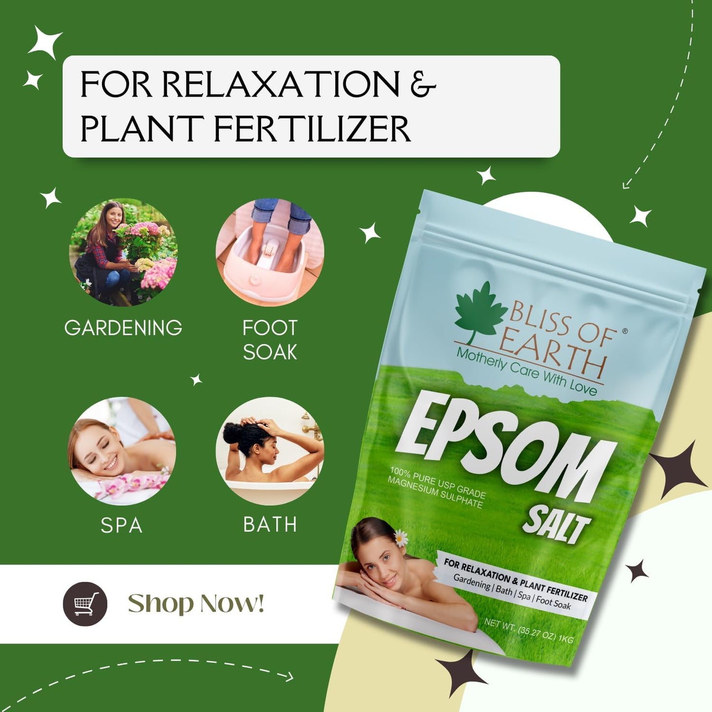 Bliss of Earth Epsom Salt for Foot | 1kg Epsom Salt for Foot Soaks, Bath Soaks, Plants & DIY Scrubs | Natural Magnesium Sulphate for Muscle Relief & Aromatherapy | Cruelty-Free