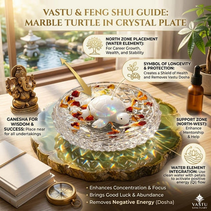 SAUDEEP INDIA Vastu Feng Shui White Marble Tortoise with Lead-Free Crystal Plate for Good Luck, Career Growth & Wealth – Decorative Turtle Figurine for Home, Office & Gifting (12cm Crystal Plate)