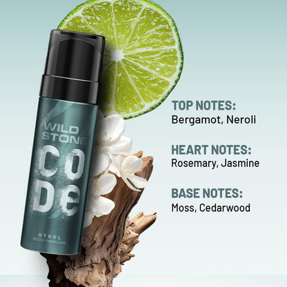 Wild Stone Code body spray with lime, wood, and flower elements on a light blue background