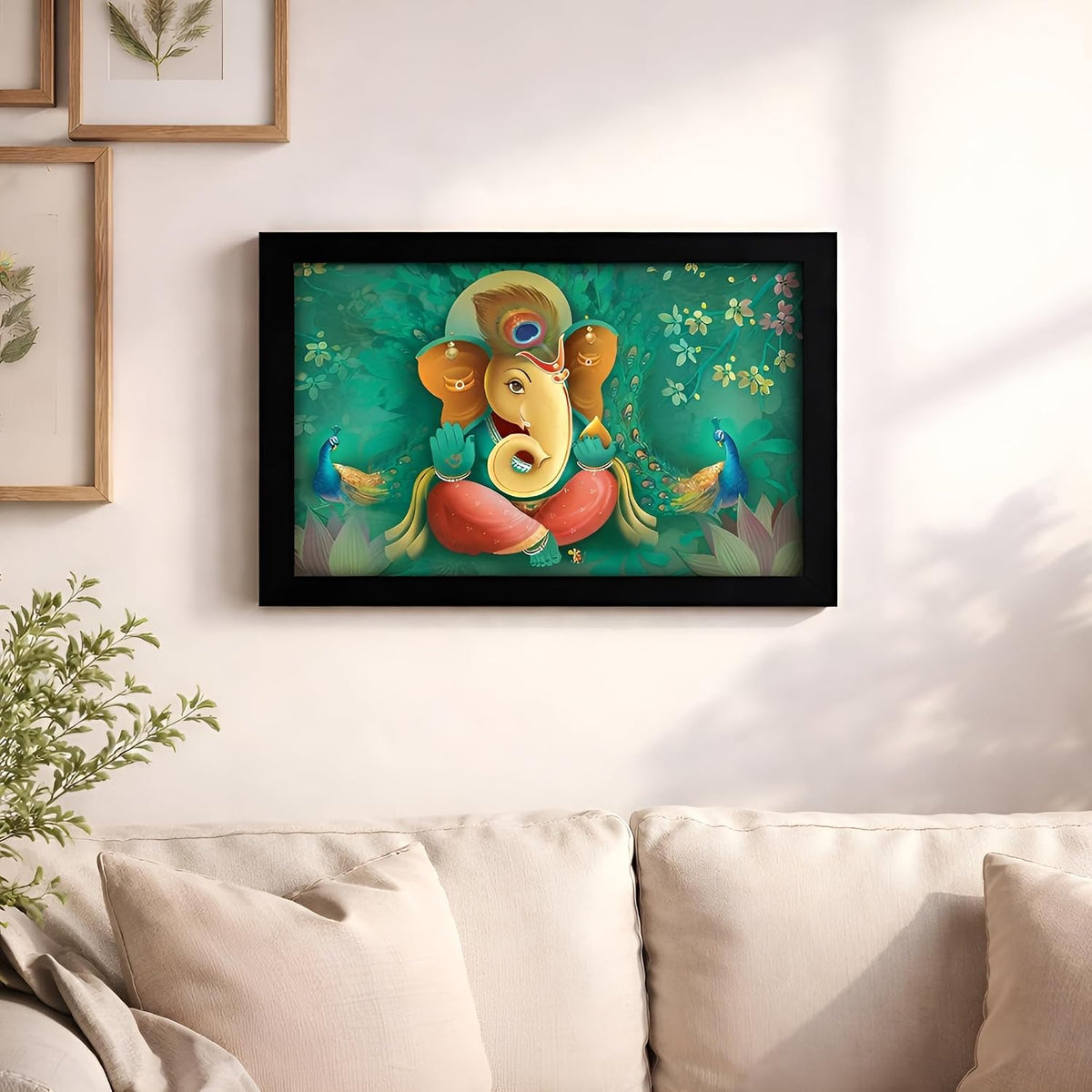 Wood Religious Ganesha Art Framed Ready to Hang Painting (Multicolour, 12inch x 18 inch)