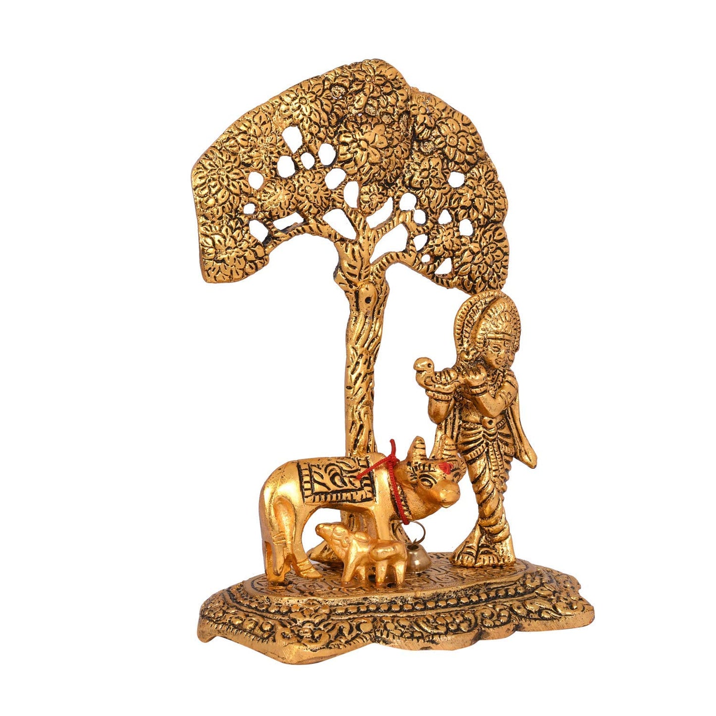 Collectible India Metal Krishna Idol Murti with Kamdhenu Cow - Gold Plated Showpiece (Set of 5)