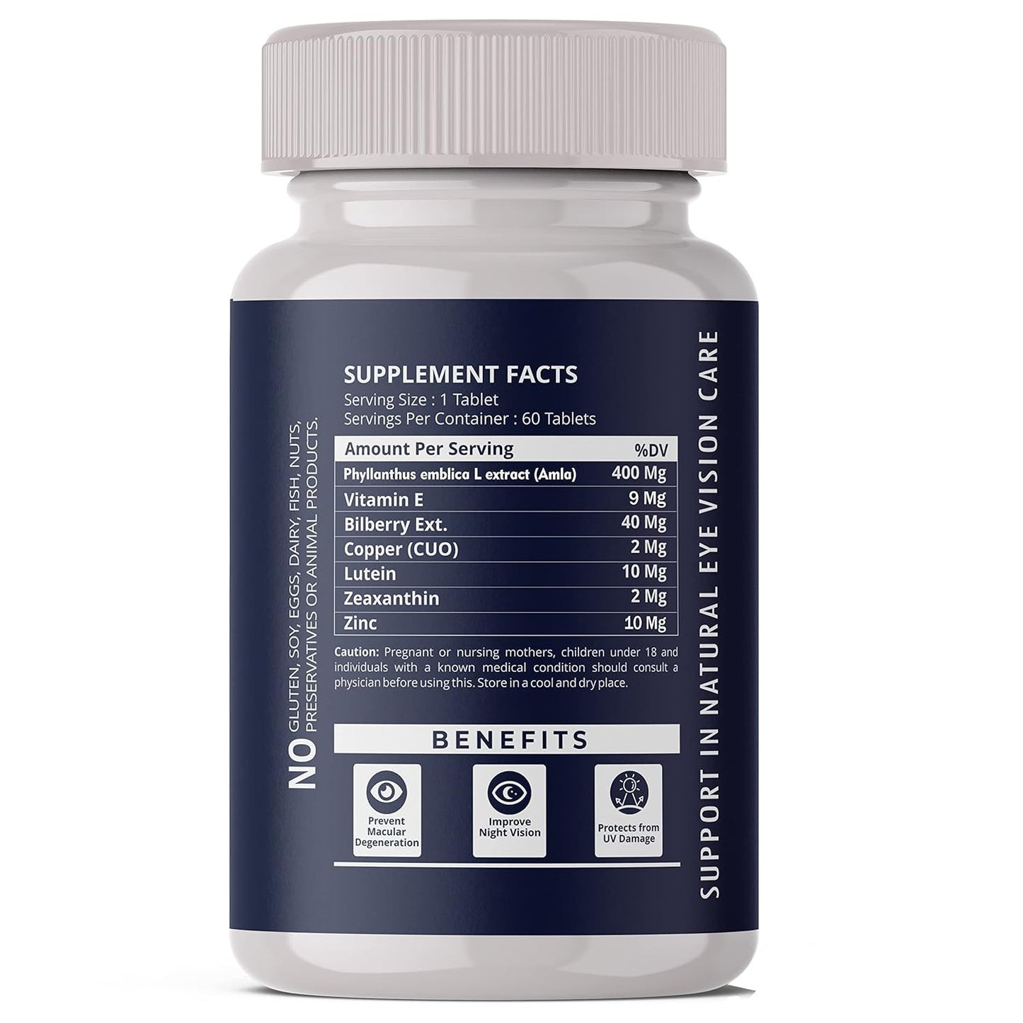 Supplement bottle with label detailing supplement facts and benefits on a white background