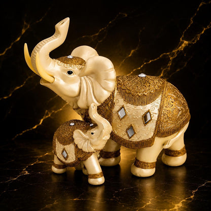 Decorative Elephant Showpiece for Home Décor | Resin Lucky Elephant Statue with Mother & Baby Design | Tabletop Feng Shui Good Luck Idol (White Elephant Family)
