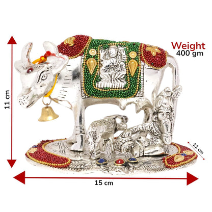 KridayKraft Kamdhenu Cow,Calf with Bal Gopal Krishna Metal Statue for Good Luck,Feng Shui As Table Top Figurine,Vastu,Religious Gau MATA Idol Home,Office&Table Decorative,Animal