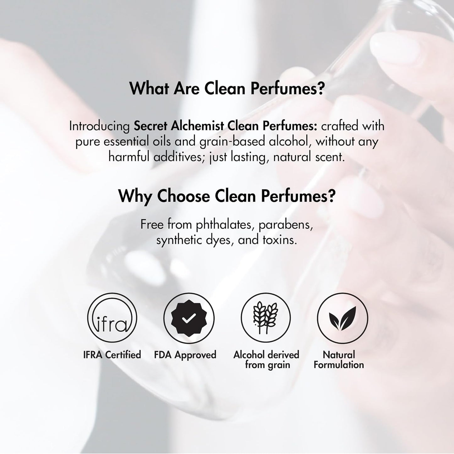 Advertisement for Secret Alchemist Clean Perfumes with product and certification icons.