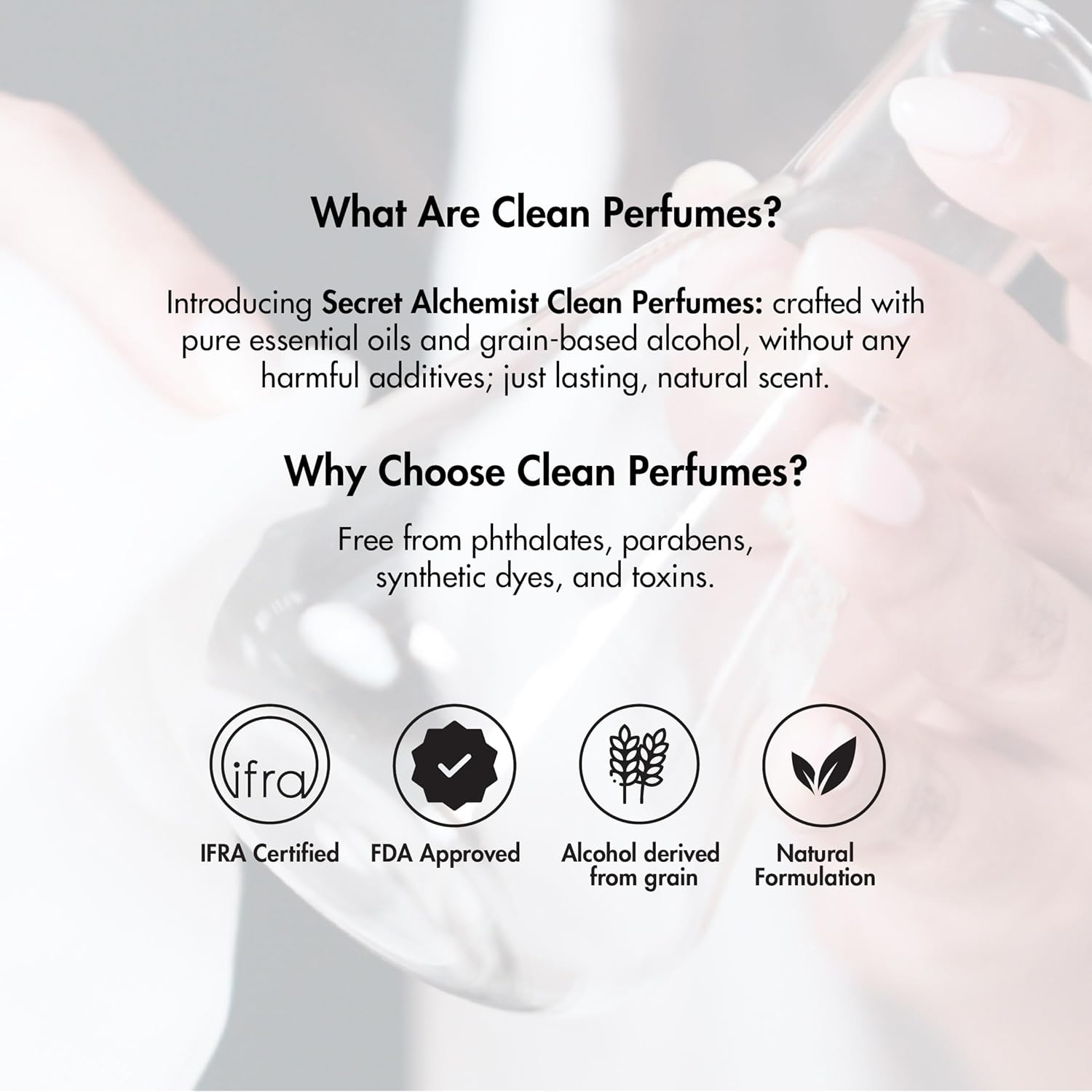 Advertisement for Secret Alchemist Clean Perfumes with product and certification icons.