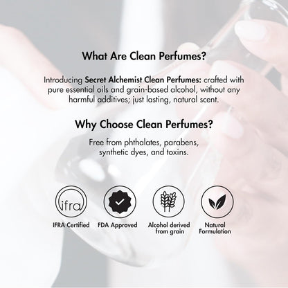 Advertisement for Secret Alchemist Clean Perfumes with product and certification icons.