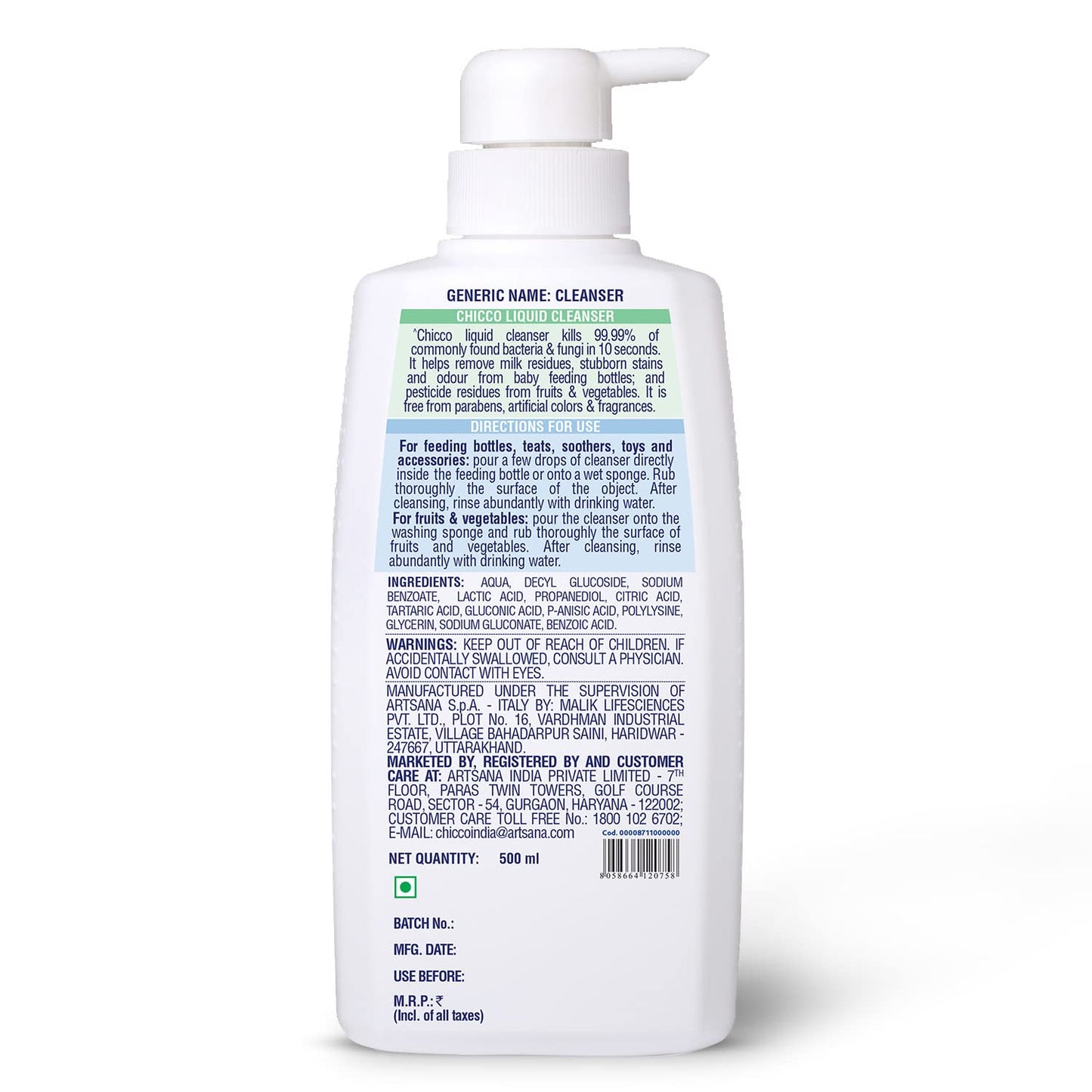 Chicco Liquid Cleanser 500ml I 100% Food Grade & Natural Ingredients I Kills 99.99% germs I Effective cleaning of baby Bottles, Nipples, Accessories and Toys I Baby Safe & Dermatologically Tested