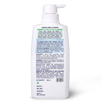 Chicco Liquid Cleanser 500ml I 100% Food Grade & Natural Ingredients I Kills 99.99% germs I Effective cleaning of baby Bottles, Nipples, Accessories and Toys I Baby Safe & Dermatologically Tested