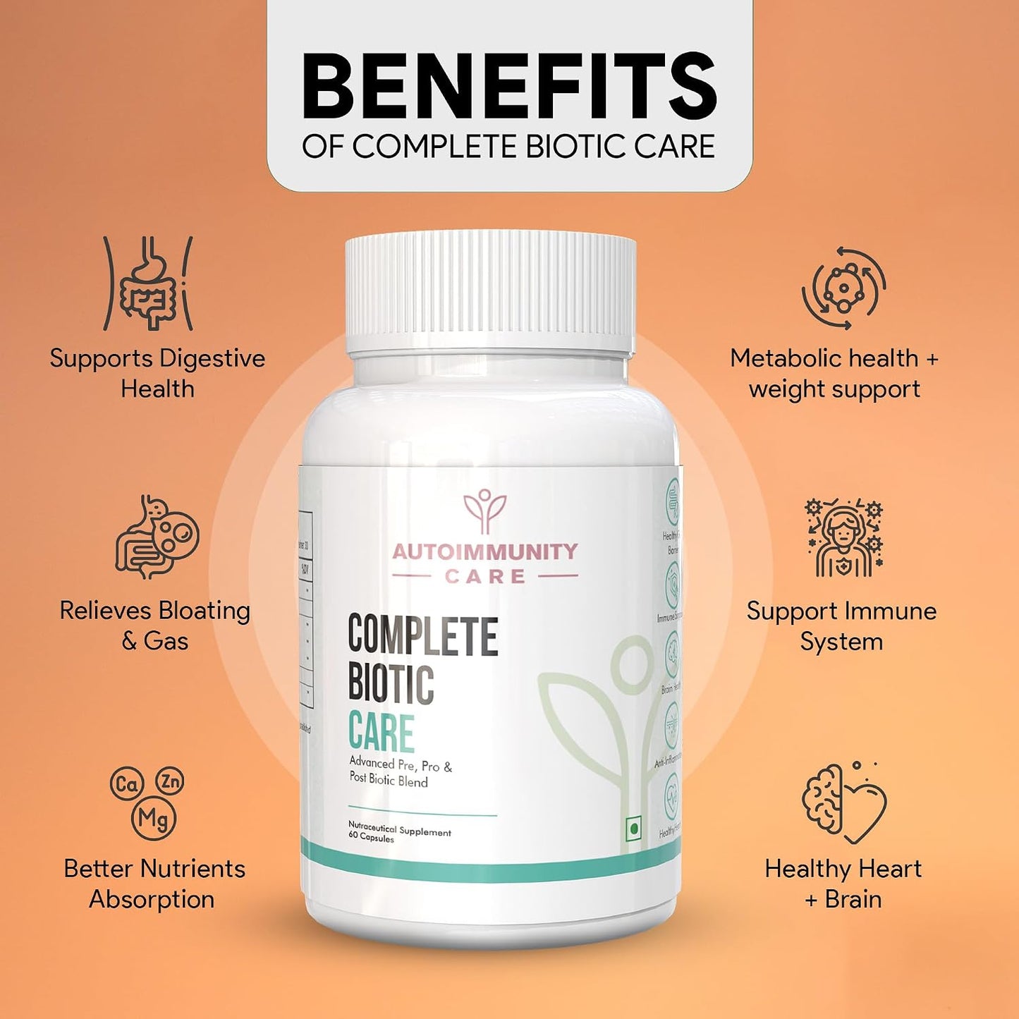 Autoimmunity Care Complete Biotic Care – 3-in-1 Pre Pro & Post Biotic Supplement | Prebiotics + Probiotics Supplement with Postbiotics, for Women & Men | Digestion Improve Supplement, Gut & Immunity | 60 Caps (30 dose)