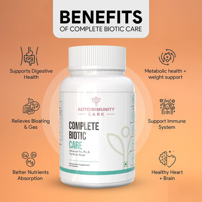 Autoimmunity Care Complete Biotic Care – 3-in-1 Pre Pro & Post Biotic Supplement | Prebiotics + Probiotics Supplement with Postbiotics, for Women & Men | Digestion Improve Supplement, Gut & Immunity | 60 Caps (30 dose)