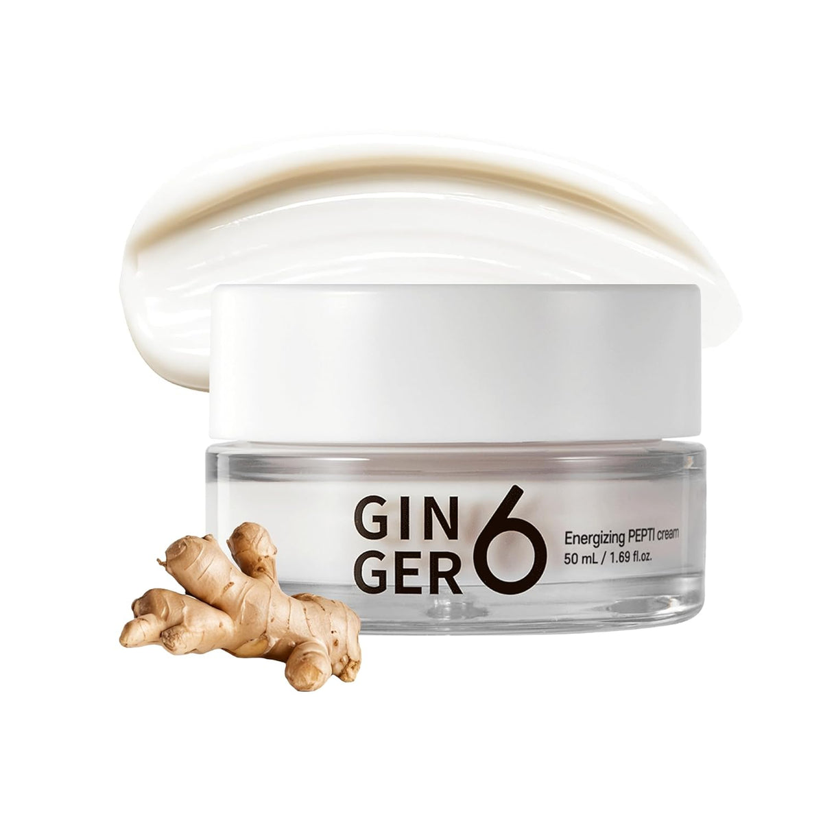 Jar of GIN6 GER cream with a piece of ginger on a white background
