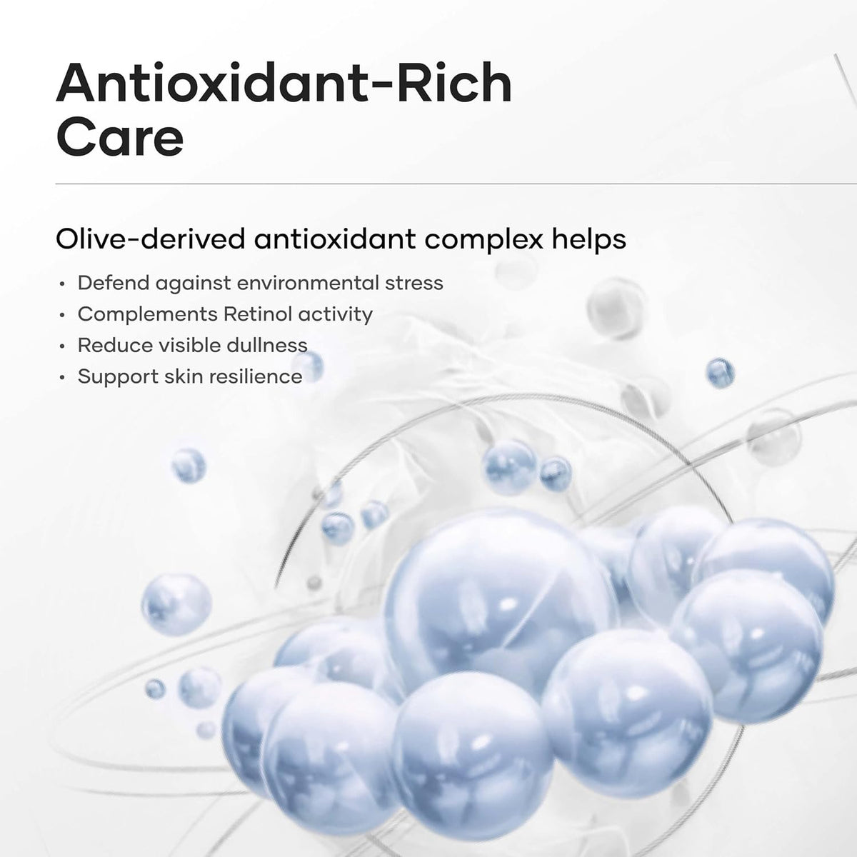 Advertisement for antioxidant-rich care with olive-derived antioxidant complex on a white background.