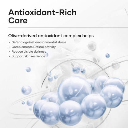 Advertisement for antioxidant-rich care with olive-derived antioxidant complex on a white background.