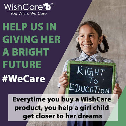 Girl holding a sign with 'Right to Education' and promotional text for WishCare on a gradient background.