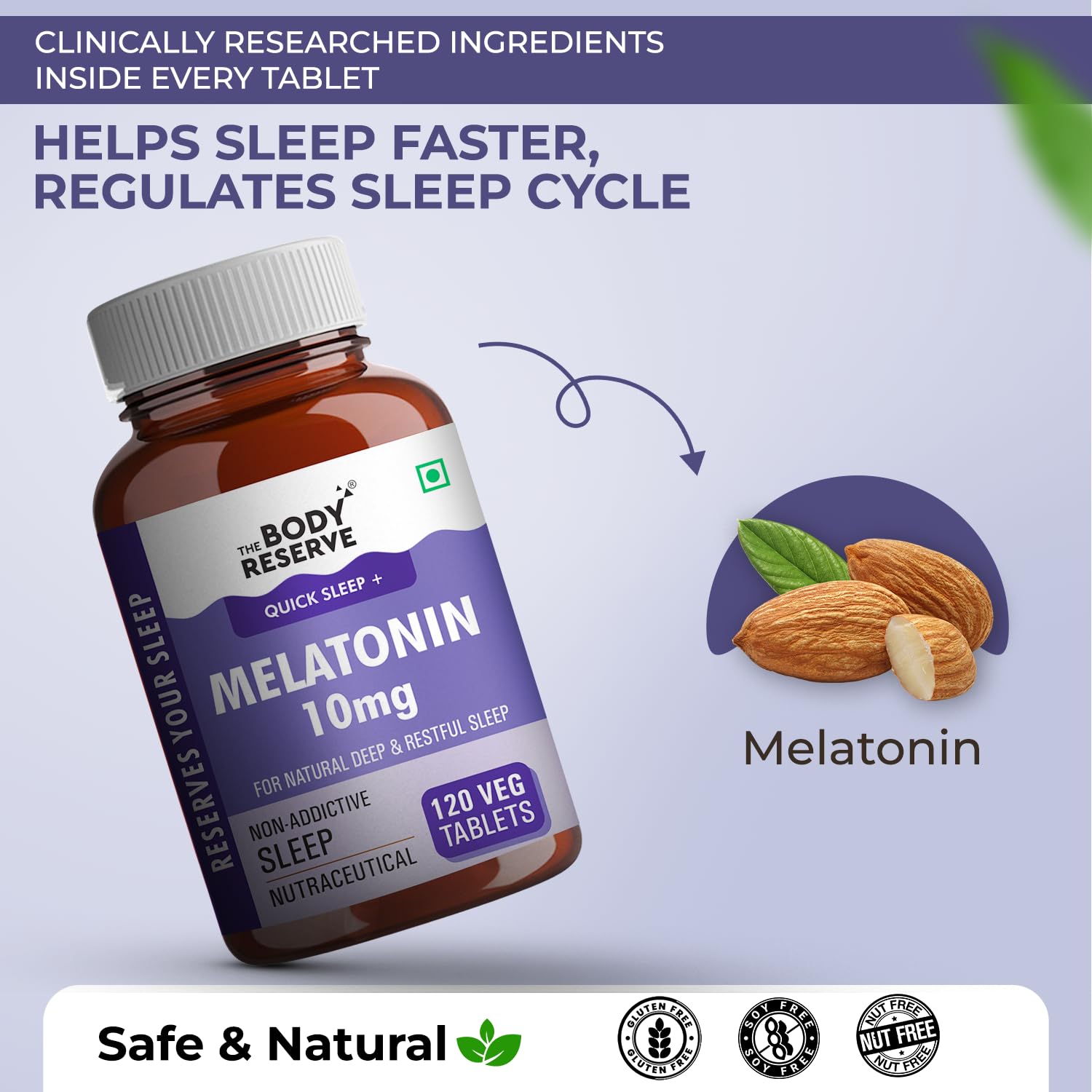 Body Reserve Melatonin supplement bottle with almonds on a light purple background