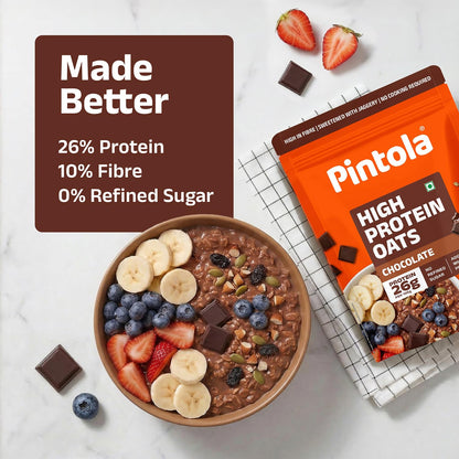 PINTOLA 26g High Protein Oats 400g, Dark Chocolate, No Refined Sugar, with Almonds, Raisins, Pumpkin & Chia Seeds, 9.6g Fibre, Rolled Oats for Weight Loss, Breakfast Cereals | Gluten Free