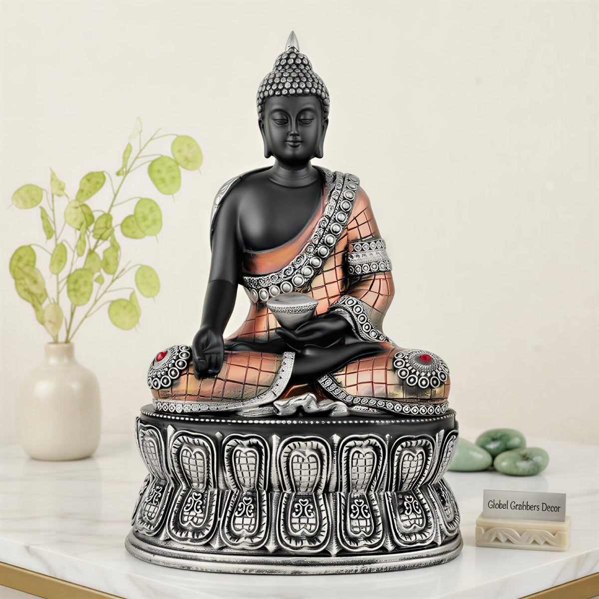 Buddha Statue Showpiece Idol Home Decor Items for Living Room and Gifts (Silver Black Copper)