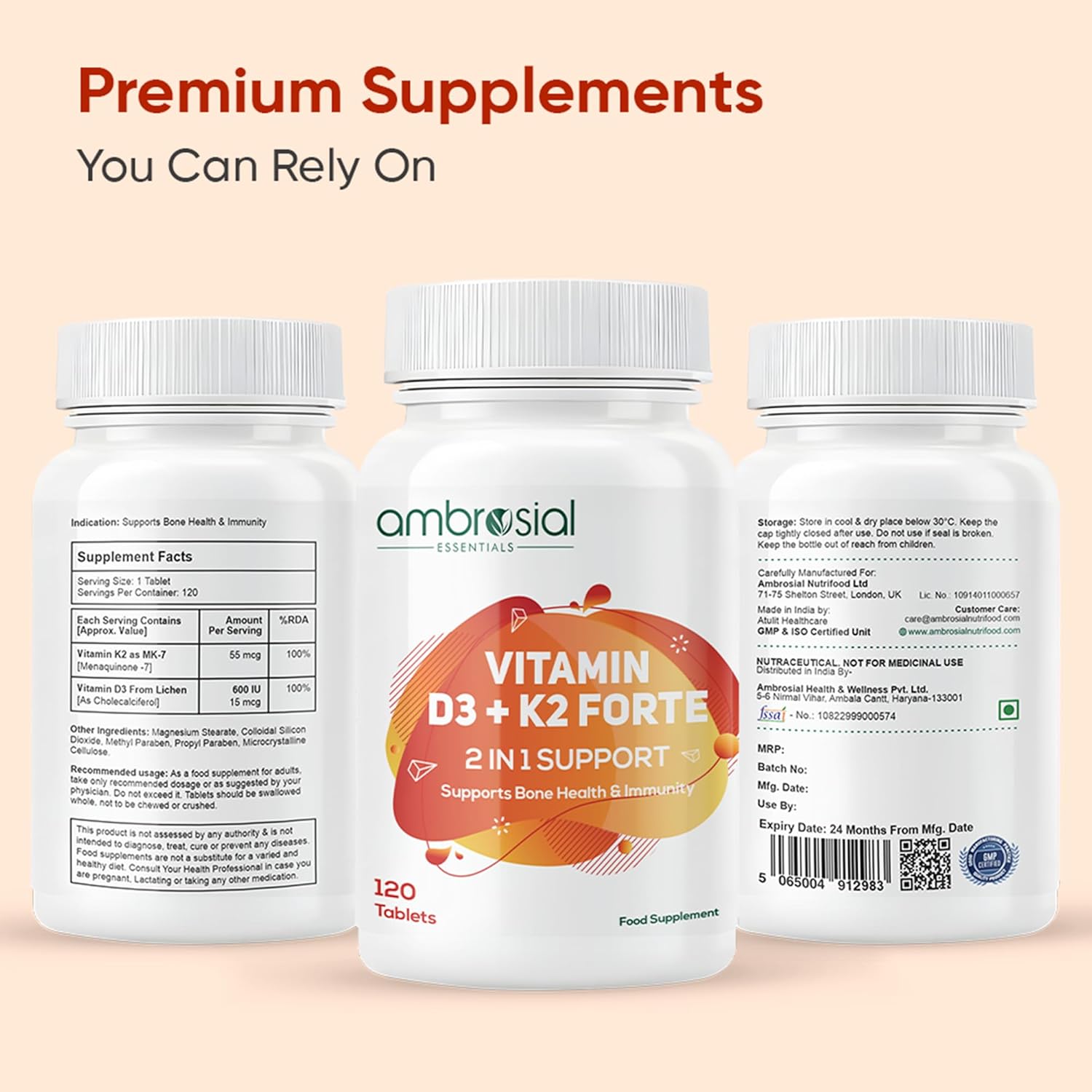Three bottles of Ambrosial Vitamin D3 + K2 Forte on a beige background with text about premium supplements.