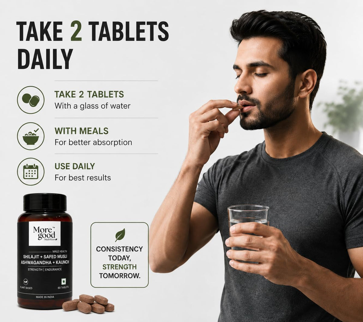 MoreGood Nutrition Pure Shilajit Ashwagandha Tablets for Men with Safed Musli Kaunch Beej Gokshura Akarkhara Ayurvedic Herbal Supplement for Energy Stamina Strength and Daily Wellness 60 Tablets