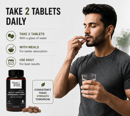 MoreGood Nutrition Pure Shilajit Ashwagandha Tablets for Men with Safed Musli Kaunch Beej Gokshura Akarkhara Ayurvedic Herbal Supplement for Energy Stamina Strength and Daily Wellness 60 Tablets