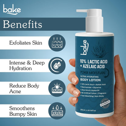 BAKE 10% Lactic Acid Body Lotion with Azelaic Acid | Smooths Rough & Bumpy Skin, Exfoliates Skin & Reduces Body Acne | Ultra Hydrating Body Lotion | 300ml