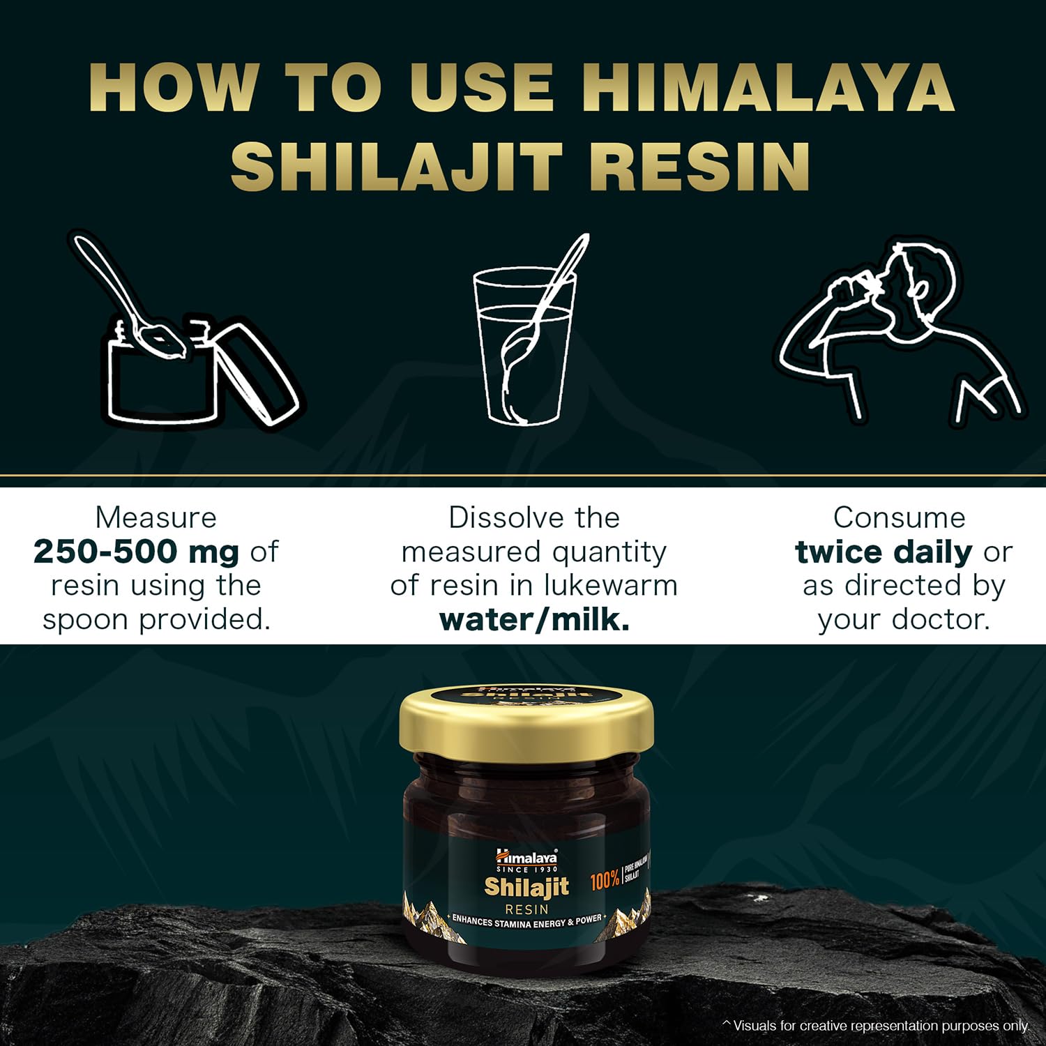 Instructions on how to use Himalaya Shilajit Resin with a jar of resin on a dark background.