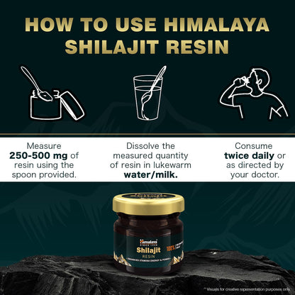 Instructions on how to use Himalaya Shilajit Resin with a jar of resin on a dark background.