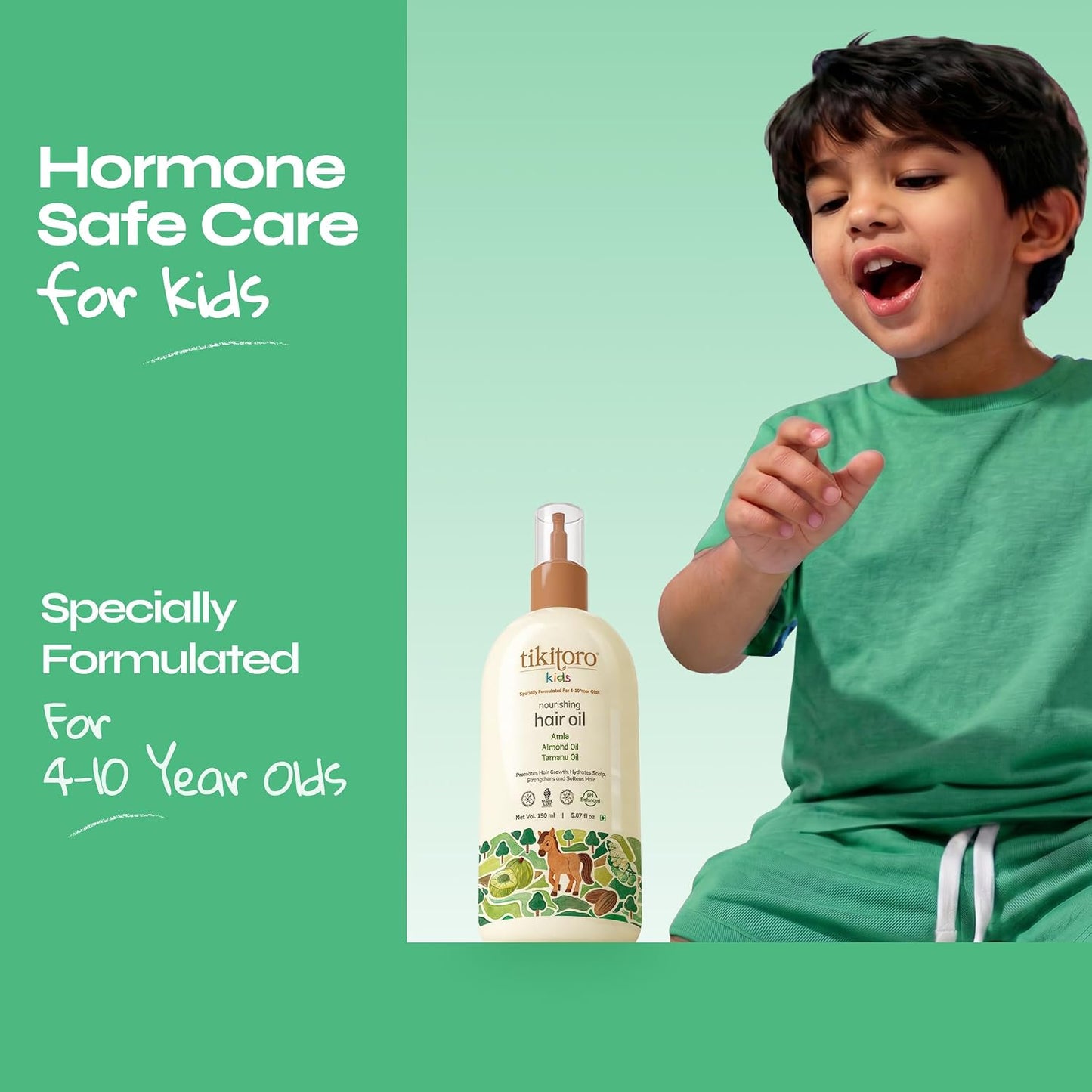 Tikitoro Kids Nourishing Hair Oil, 100% Vegan with Bringha, Amla, Olive, & Argan, Promotes & Conditions Hair Growth & Scalp, Non-sticky, Non-smelly & Non-greasy, No Paraben & Sulphate (150 ml)