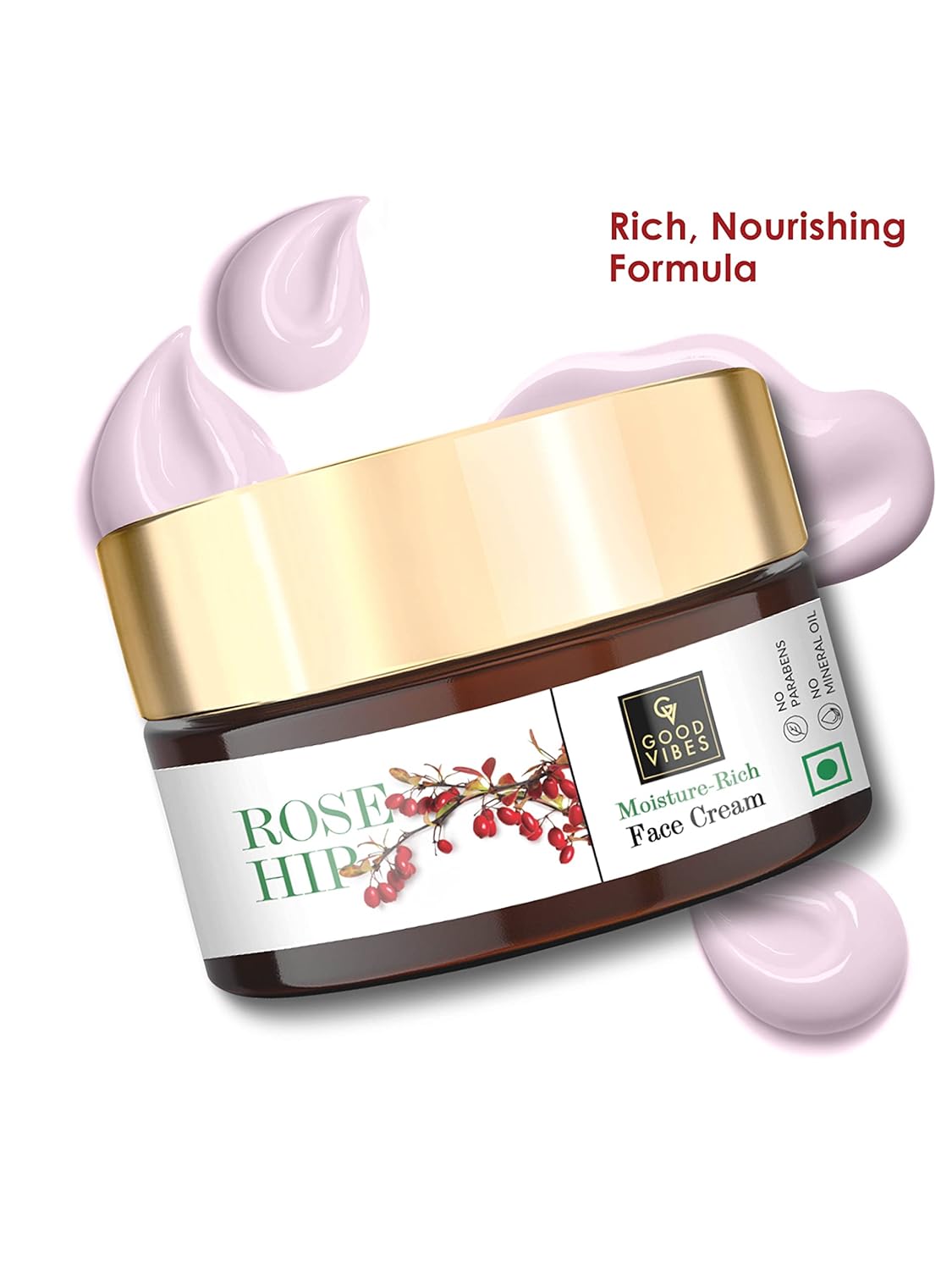 Good Vibes Rosehip Moisture-Rich Face Cream, 50 g Skin Moisturizing Hydrating Light Weight Formula, Soothes & Exfoliates Skin, Natural, No Parabens & Sulphates, No Animal Testing