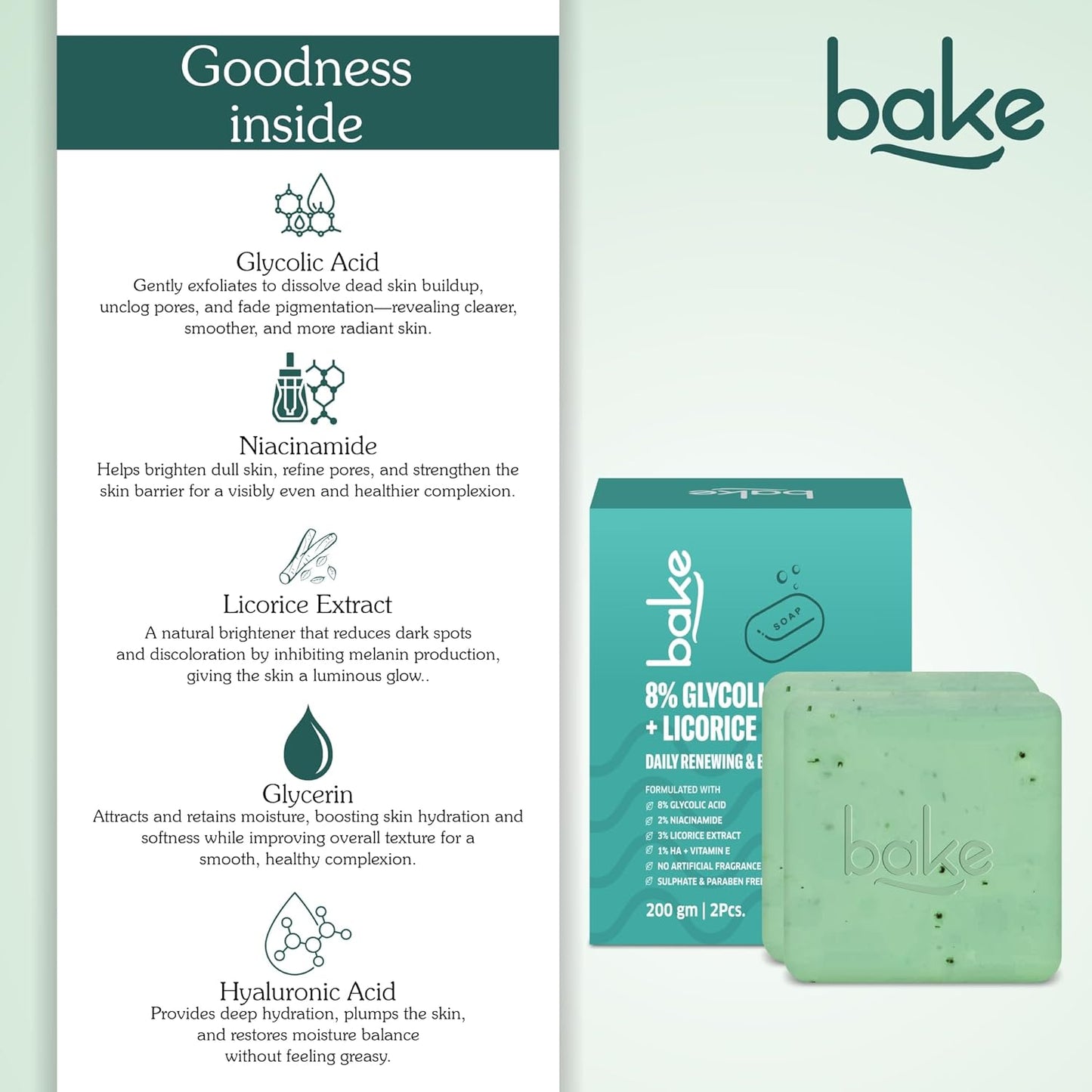 BAKE 8% Glycolic Acid Scrub Treatment Soap (200 Gms Pack of 2) with 3% Niacinamide | For Pigmentation, Exfoliation, Tan Removal, Brightens Underarms | For Women & Men | 100g x 2 (Pack of 2)