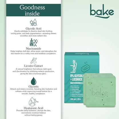BAKE 8% Glycolic Acid Scrub Treatment Soap (200 Gms Pack of 2) with 3% Niacinamide | For Pigmentation, Exfoliation, Tan Removal, Brightens Underarms | For Women & Men | 100g x 2 (Pack of 2)