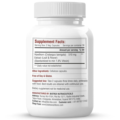 Biotrex Nutraceuticals Hawthorn Berry Supplement 510mg | Supports Cardiovascular Health | Powerful Antioxidant | Skin, Heart And Digestive Health | 60 Veg Capsules