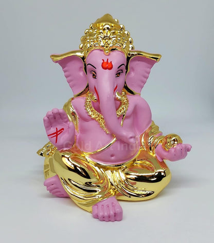 Gold Art India Gold Plated Gaddi Ganesh Idol for Car Dashboard Ganesha Murti Ganpati Idol for Home Decor Puja Lord Ganesh Statue Gift for Office Desk Puja Room Figurine Gold Pink