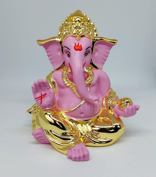 Gold Art India Gold Plated Gaddi Ganesh Idol for Car Dashboard Ganesha Murti Ganpati Idol for Home Decor Puja Lord Ganesh Statue Gift for Office Desk Puja Room Figurine Gold Pink