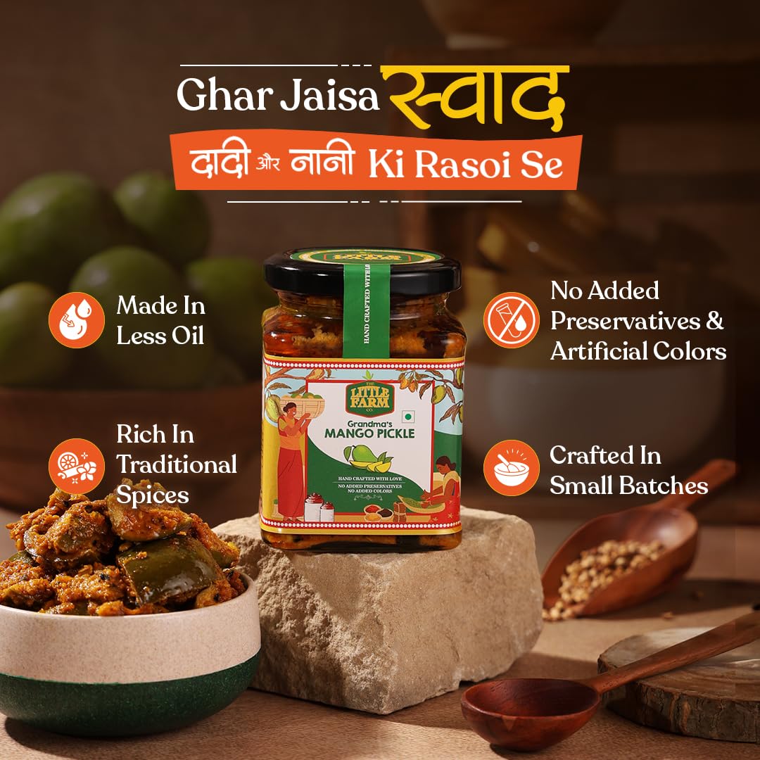 THE LITTLE FARM CO Punjabi Mango Pickle - Aam ka Achar |Less Oil Mustard Base Homestyle Tangy Mango Pickles with Saunf | No Added Preservatives, Artificial Colours & Flavours | Traditional Recipe
