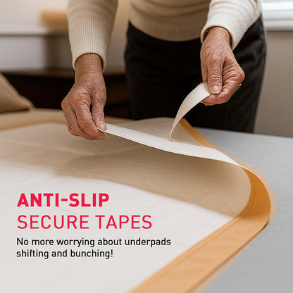 Person applying anti-slip secure tapes to a surface with text highlighting product benefits.